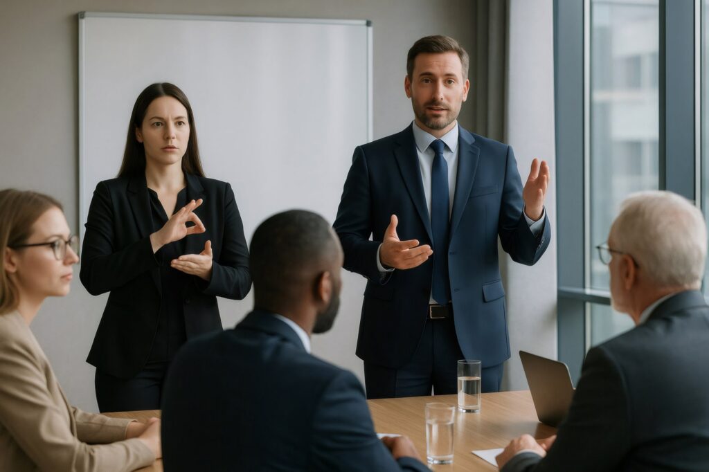 Professional business team conducting certified translation service training in modern conference room with whiteboard